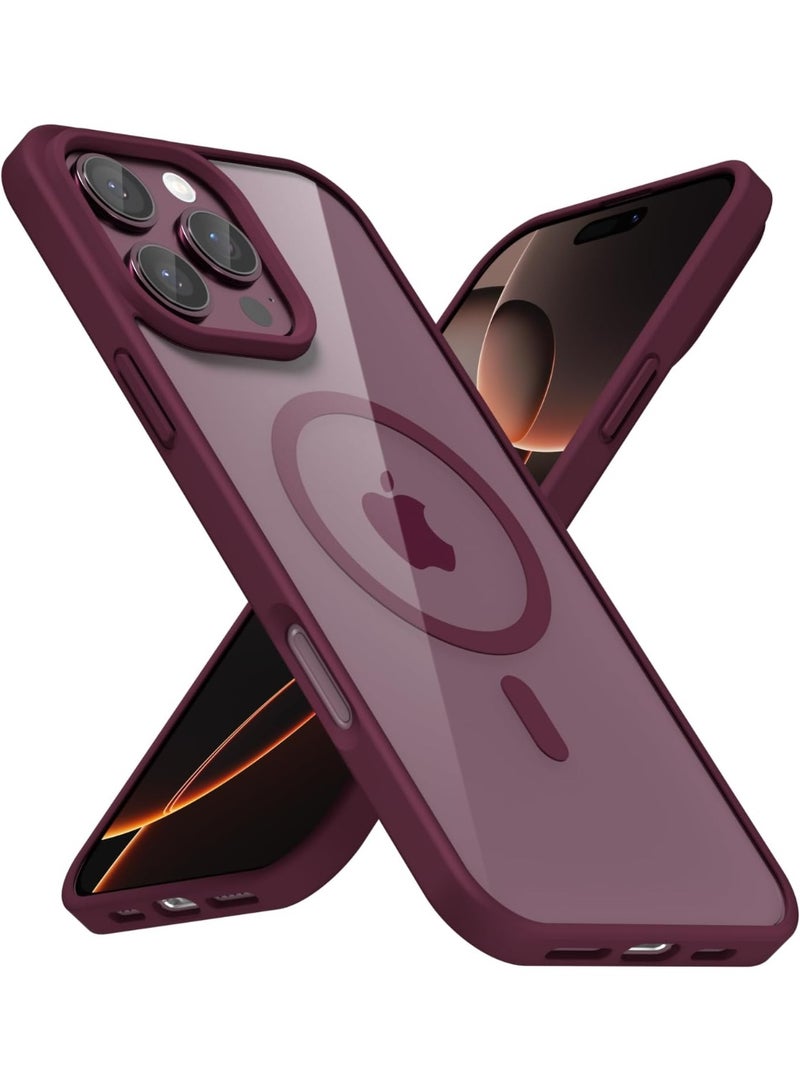 جراب مغناطيسي شفاف لهاتف آيفون 16 برو ماكس [مقاوم للصدمات ونحيف] غطاء خلفي صلب شفاف مع حماية عالية الجودة | أحمر داكن